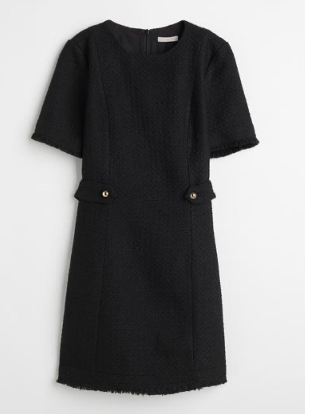 Wool-Blend Black Short-Sleeve Bouclé Shift Dress